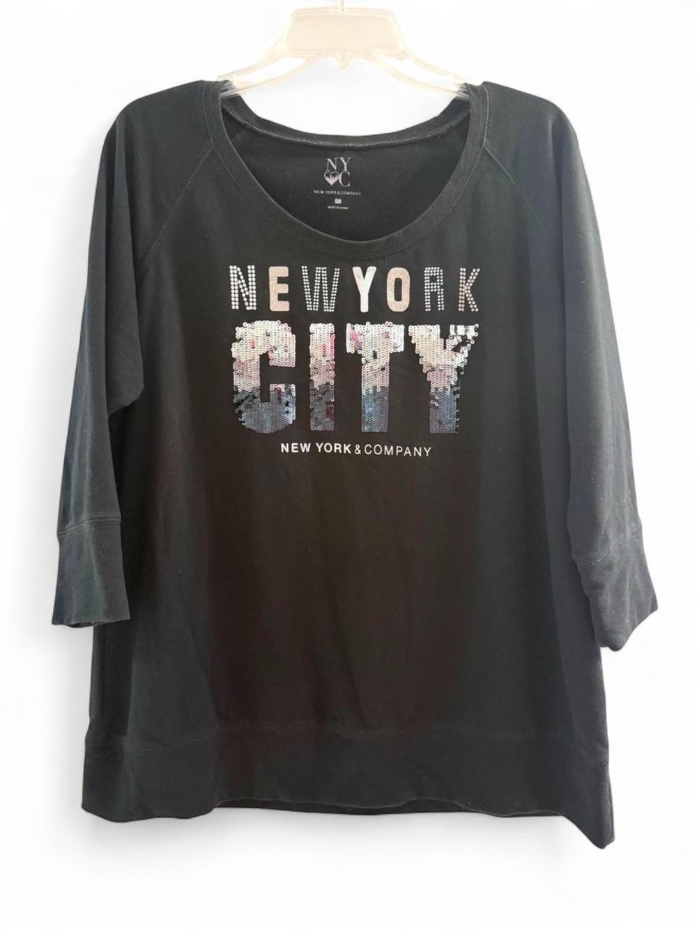 New York & Company Black Sequin "New York City" Graphic Top